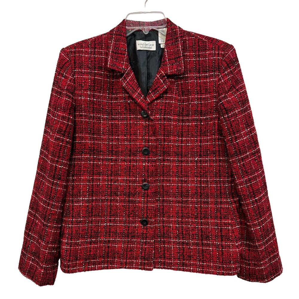 VINTAGE Villager Petite by Liz Claiborne Red Plaid Blazer Jacket Size 14P